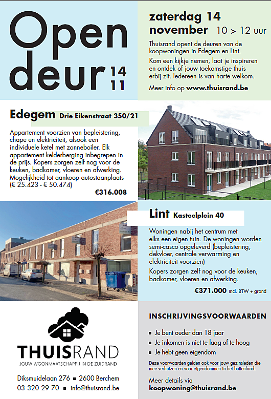 Opendeurdag koopwoningen in Edegem en Lint